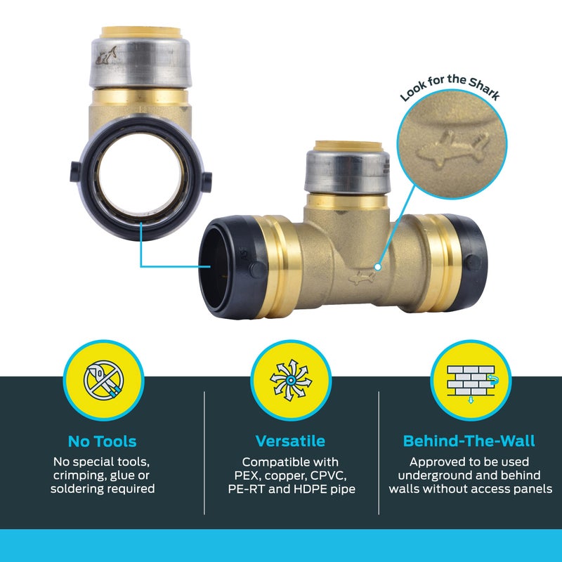 SharkBite 1-1/4 Inch x 1-1/4 Inch x 1 Inch Reducing Tee, Push to Connect Brass Plumbing Fitting, PEX Pipe, Copper, CPVC, PE-RT, HDPE, UXL08353528 - Image 3